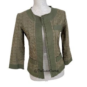 Odille Anthropologie Eyelet Jacket Size 8 Olive Green Cotton Made in USA